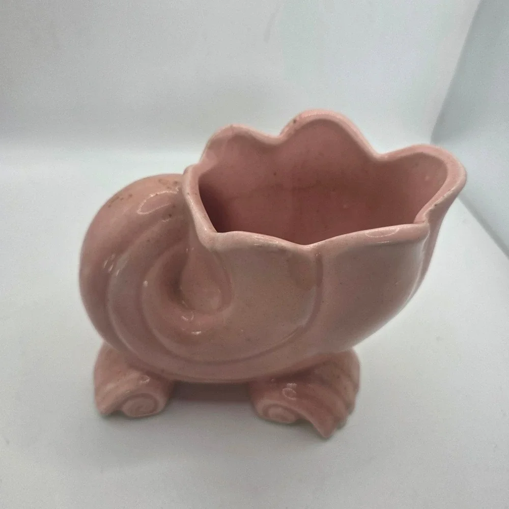 Pink Ceramic Conch Shell Planter Vase Scalloped Rim Footed Art Pottery